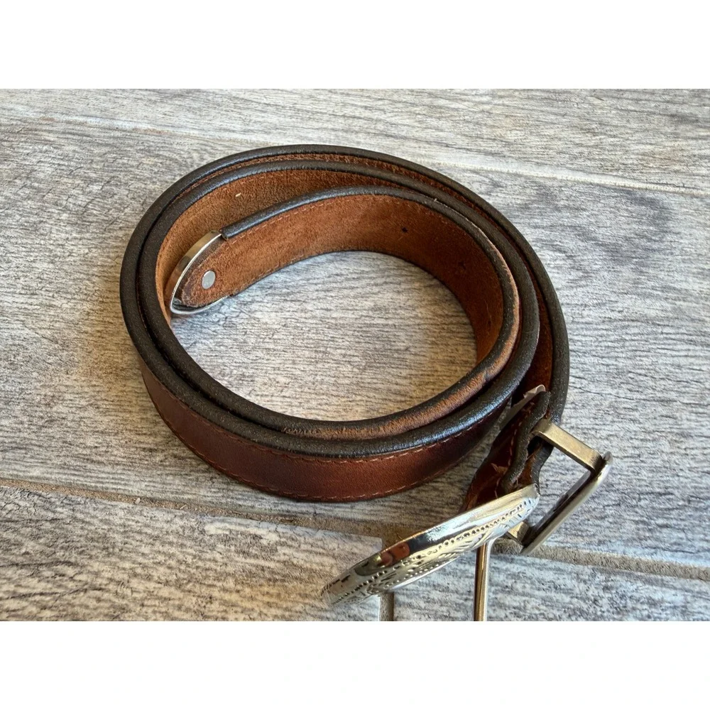 Genuine Leather Western Belt Small Womens Engraved Buckle USA Engraved Cowgirl